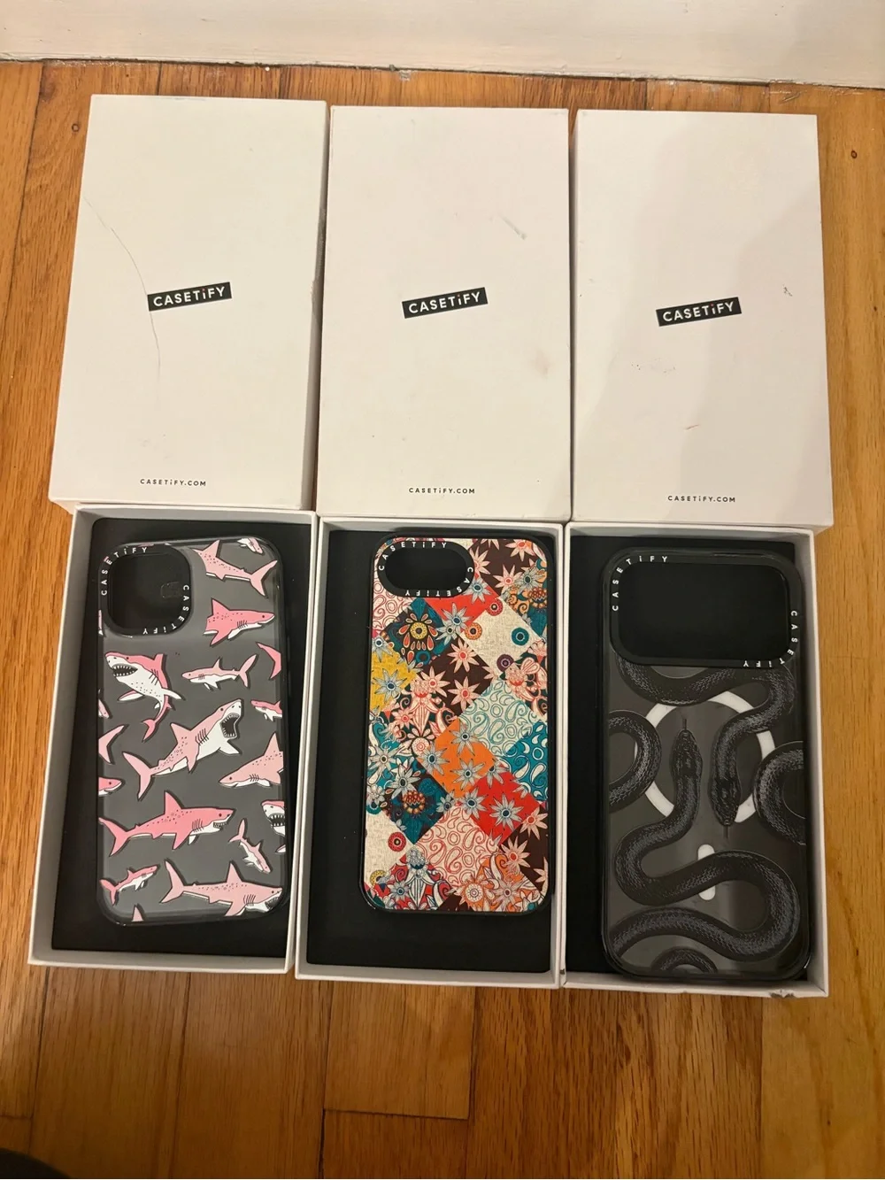 3 New Casetify Phone Cases Pink Sharks, Black Snakes, Sarilmak Patchwork OS